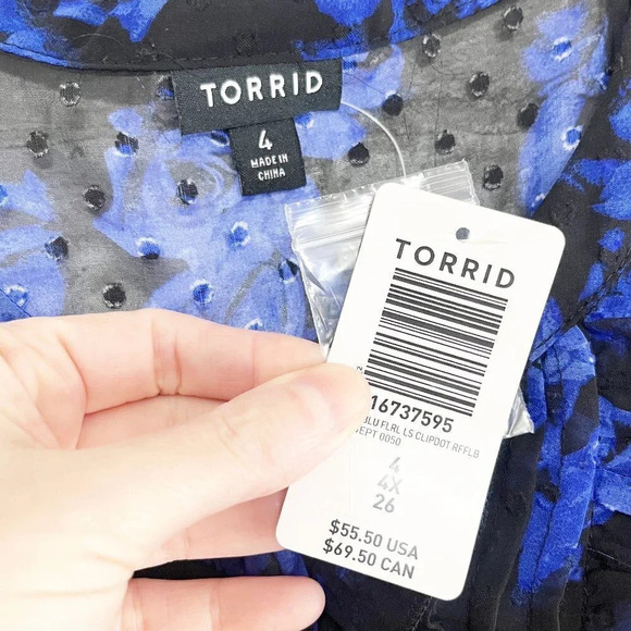 Torrid Sheer Blue Floral Clip Dot Long Sleeve Blouse Women's Plus Size 4X NEW - Picture 4 of 6